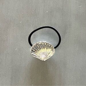 Silver Metal Shell Seashell Scallop & White Pearl Black Elastic 1.5" Hair Tie